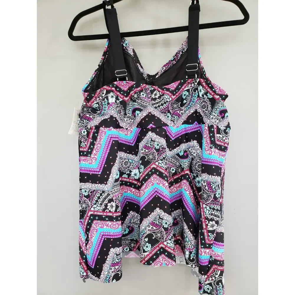 NEW Catherine's 16W Tankini Swim Top Shirt Tropical Plus Size Black‎ Vacation